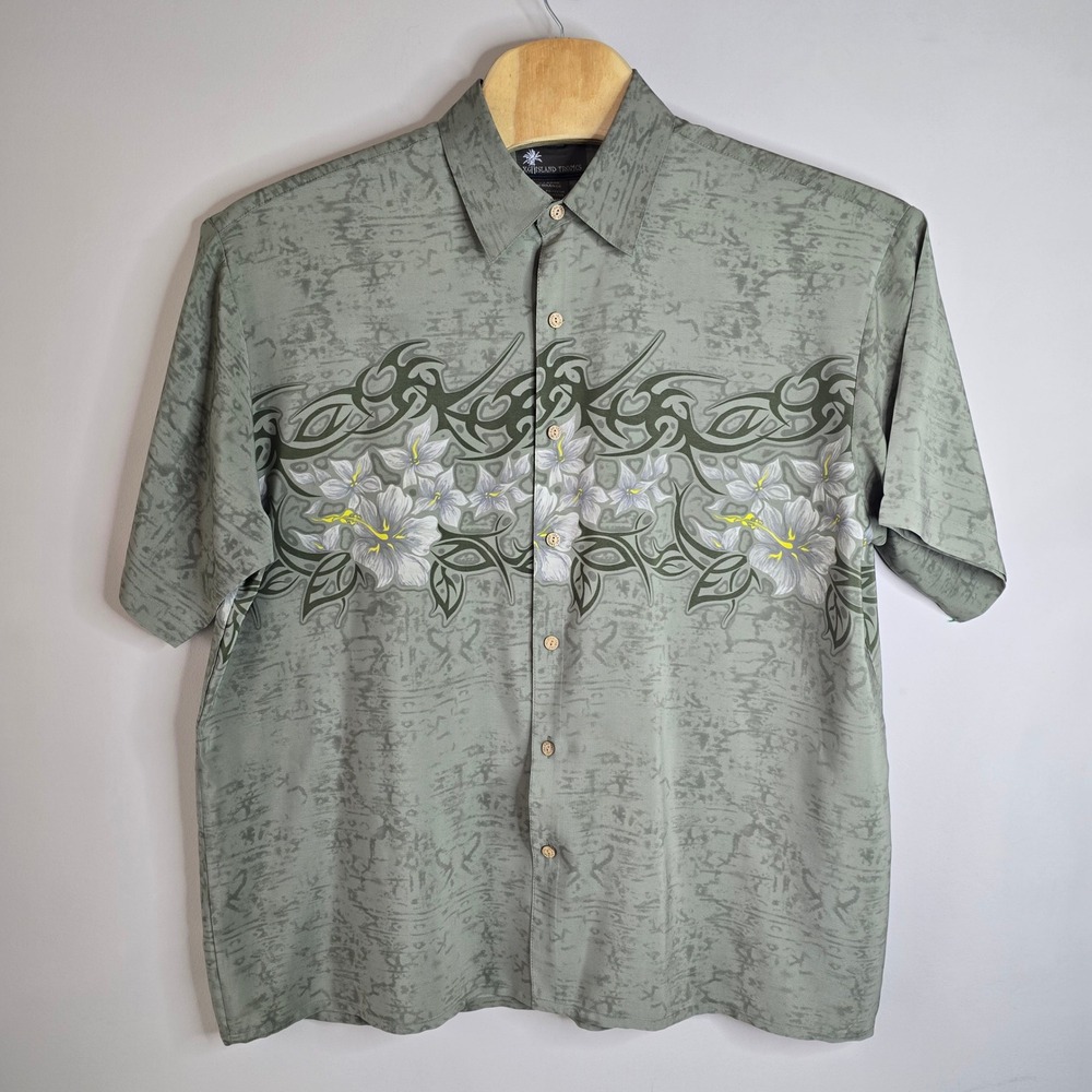 Island Tropics Mens XL Sage Green Hibiscus Tribal Floral Button Down Shirt Korea